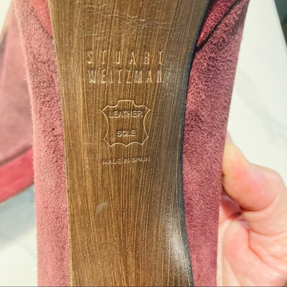 STUART WEITZMAN Sz 8.5 Burgundy Red Suede Heels Platform Woodgrain Design Shoes - Picture 6 of 10